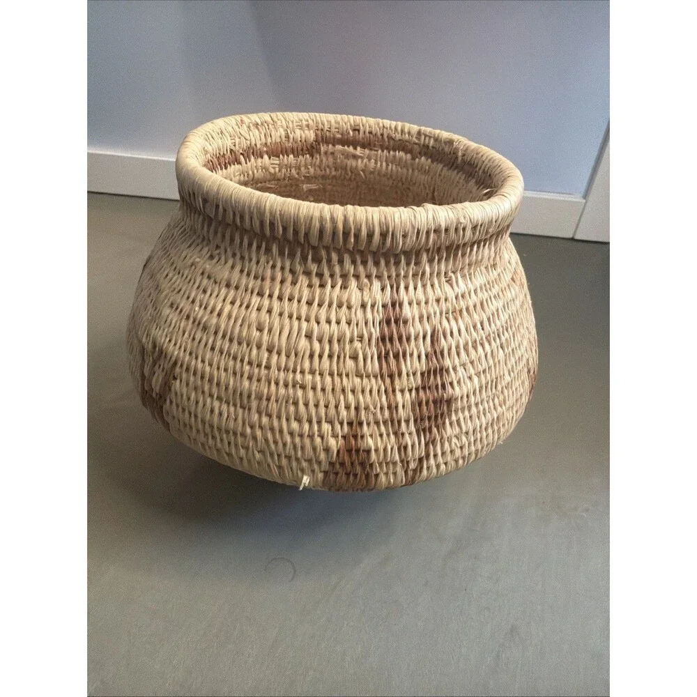 Vintage Handwoven Coil Basket Botanical Geometric Natural Fiber Rainforest Chic